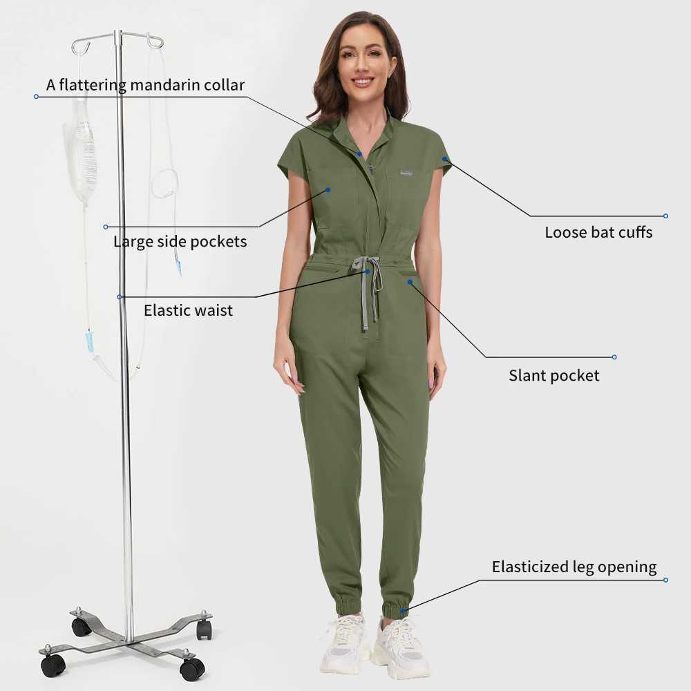 Niaahinn Zipper Neck Lab Jumpsuit Pet Grooming Nurse Uniform Onesie Short Slved Scrubs Workwear Health Service Nursing Clothes X2505281
