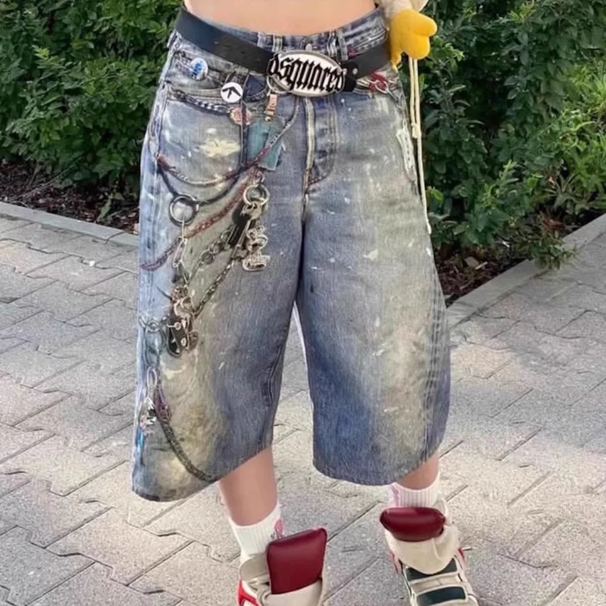 3D printing splicing work bag jeans mens street clothing summer wide leg splicing work casual loose knee length pants 250410