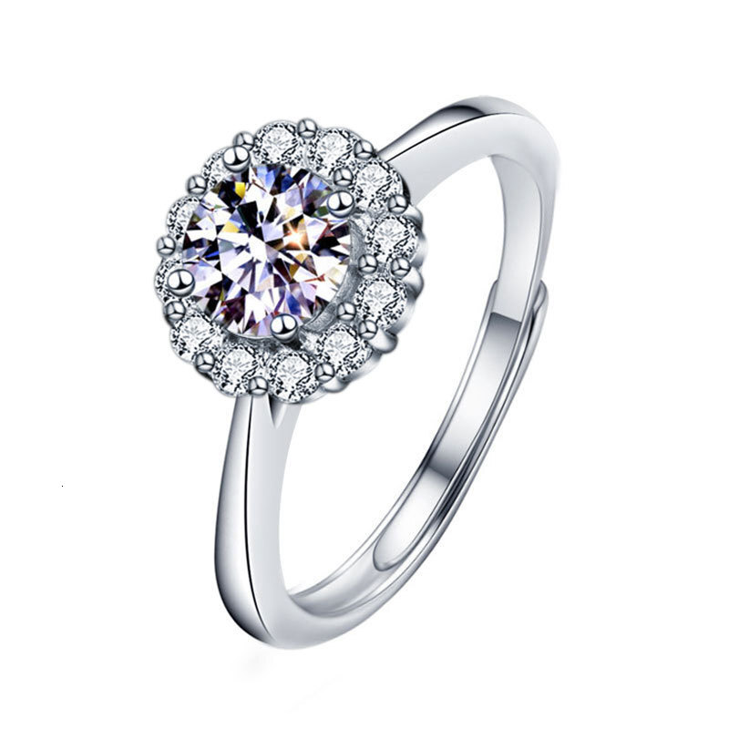 925 Sterling Silver Sunflower Ring Women's Ring European And American Fashion Four Claw Opening Moissanite Diamond Ring Imitation Diamond Ring