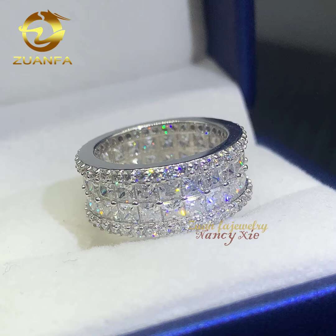 Fashion Jewelry Hip Hop Mens Cuban Gold Ring Iced Out 925 Sterling Silver 2 Rows VVS Princess Cut Moissanite Diamond Ring