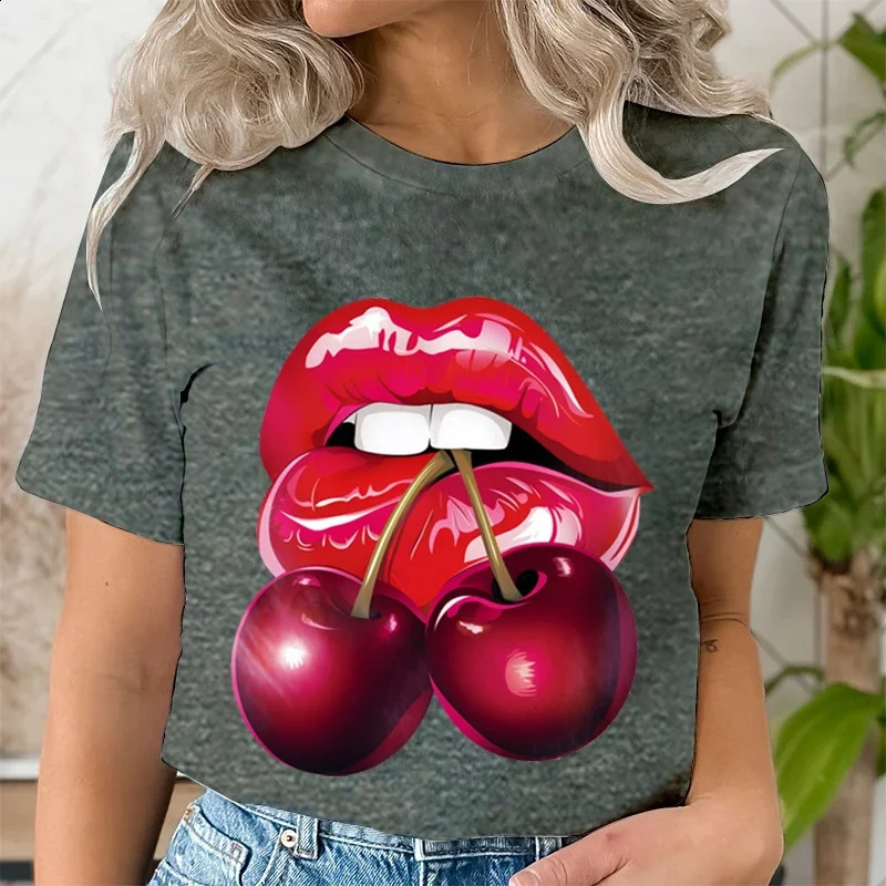 Summer Clothing LIPS CHERRY Print T-Shirts Short Sleeve Ladies Casual Women Fashion Graphic Tee T-shirts Female T Shirt Clothes 250410