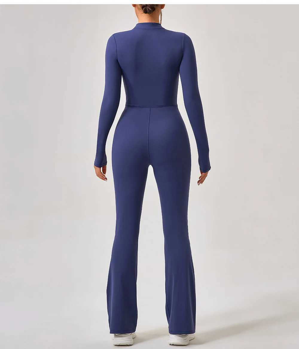 Zipper long sleeved yoga jumpsuit wide leg Flare womens sportswear quick drying gym running set one-piece sportswearW250411