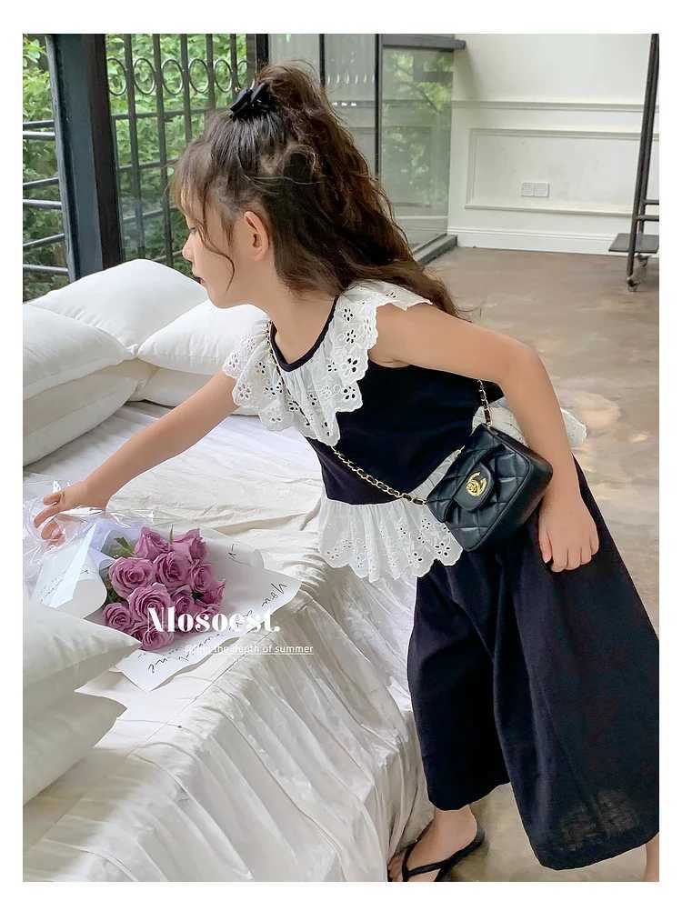 Fun Bear Summer Girl Set Cool and Comfortable Lace Necklace and Bottom Top+Pants 2-piece Cute Childrens Clothing SetXJ250410