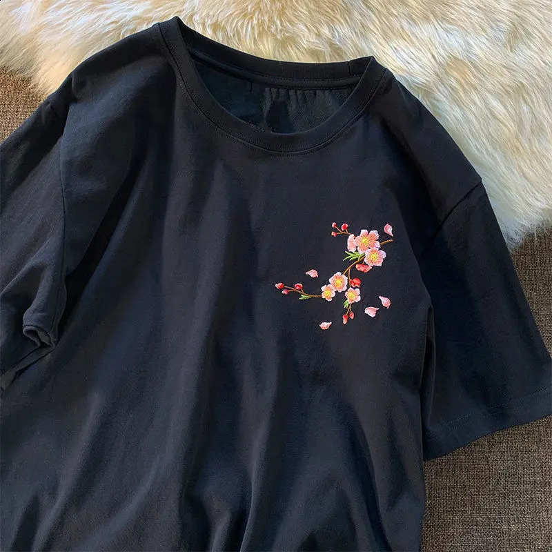 Aesthetic Japan Style Cherry Blossoms Embroidery T Shirts Sexy Women Girls Cotton Summer Tee Tops O-neck Loose Casual Harajuku 250410