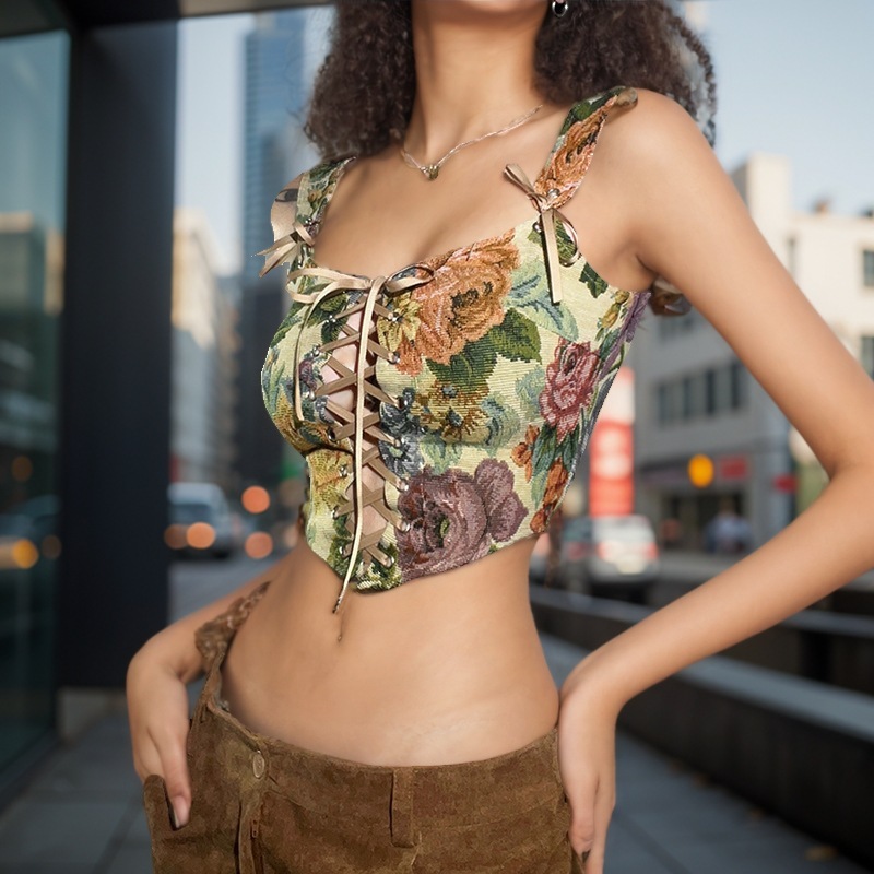 Fashionable trendy women's square neck hot and spicy strap small vest printed top slim fitting camisole