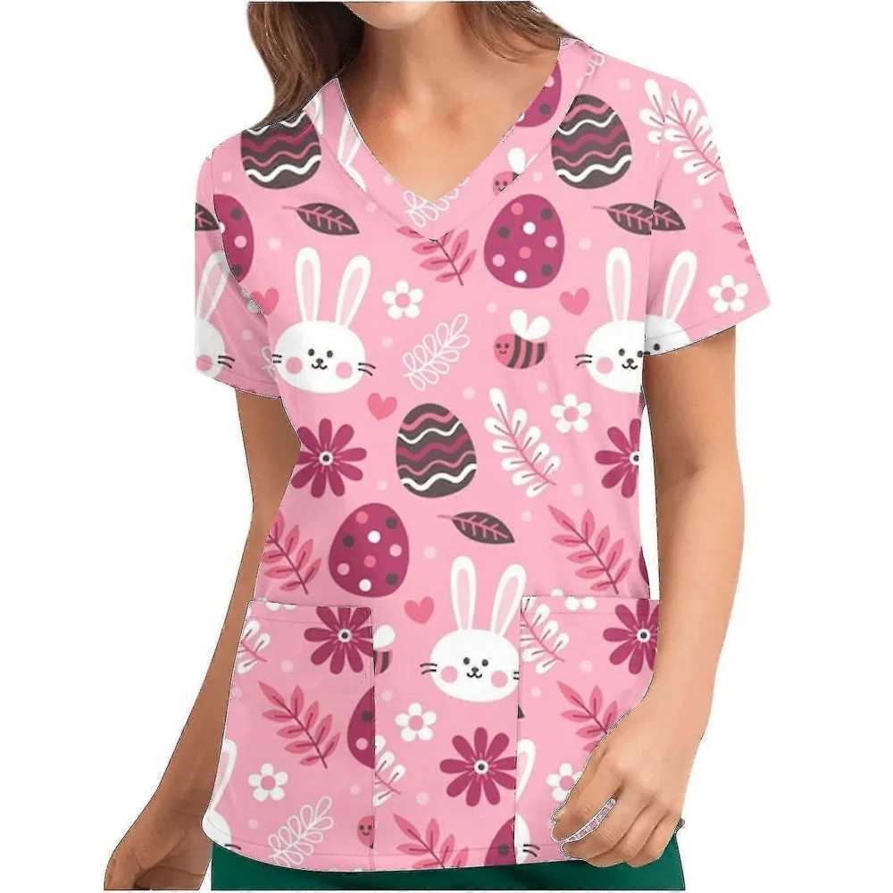 Clinical Uniform Womens Easter Rabbit Print Fashion V-neck Dental Medical Comfortable Short Sleeve Patch Pocket Nurse Uniform Womens X250410