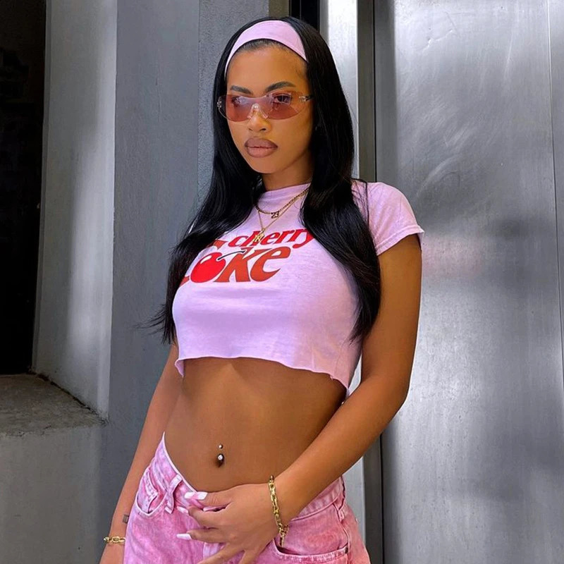 Summer Kawaii Sleeve Tee Vintage Graphic T-shrit Womens clothing Cartoon Cherry Print Accessories Y2k Clothing Cropped Top Tees 250410