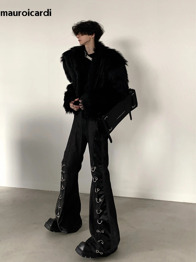 Mauroicardi Winter Short Cool Thick Warm Soft Black Hairy Faux Fox Fur Coat Men Long Sleeve Fluffy Jacket 251105