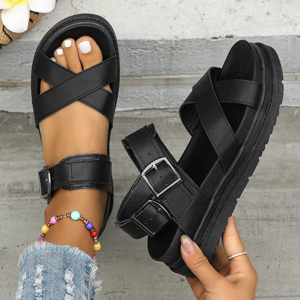 New black open weave wedge shoes womens summer beach sandals sexy womens PU leather sandals PU leather sandals Plus size 43XJ250410