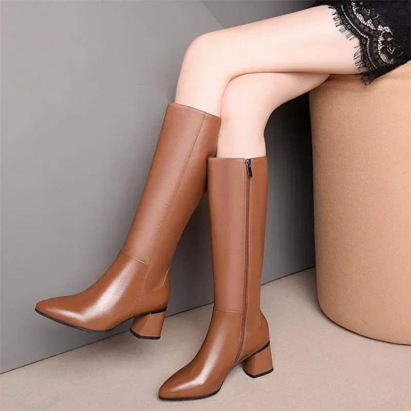 Shoes for Woman Long Winter Knee High Shaft Footwear Leather Womens Boots Fur Brown Pointed Toe Chic and Elegant Fashion 251110