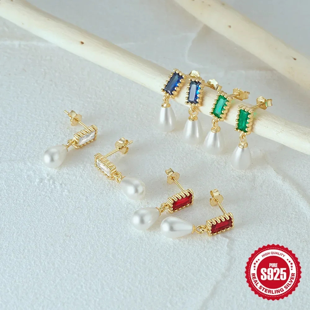 ESO 925 sterling silver simple temperature pearl zircon earrings womens colorful crystal earrings exquisite jewelry 250409