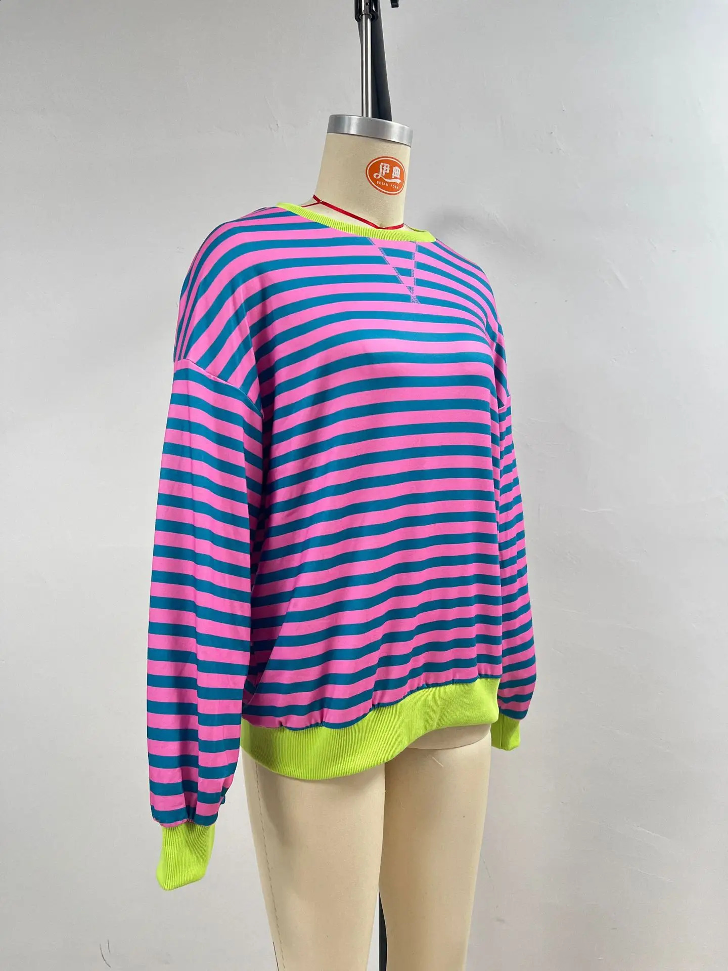 Autumn and Winter Simple Home Crossover Leisure Style Stripe Pattern Round Neck Fashion Long Sleeve Hoodie Color Blocking 250411Z