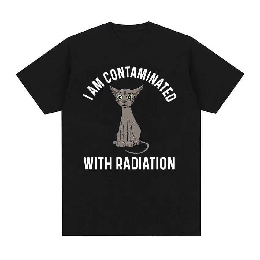 I am related to the radiation fun cat meme T-shirt short sleeved mens retro T-shirt and mens O-neck 100% pure cotton T-shirt M250411