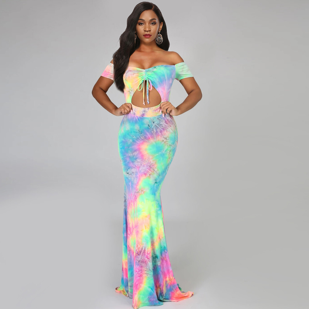 5530 Sexy Off Shoulder Open Navel Tie Dye Dress