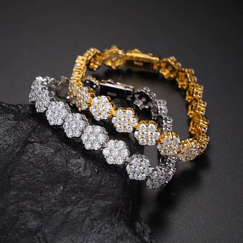 New Arrival Fashion 9mm 925 Sterling Silver Diamond Cluster Flower Design Iced Out Vvs Moissanite Tennis Bracelet