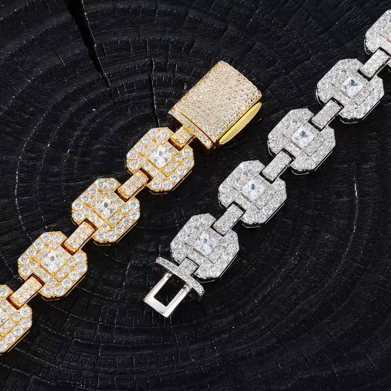 Luxury Hip Hop Jewelry 12mm Gold Plated 925 Sterling Silver VVS Moissanite Diamond Square Shaped Fashion Bracelet for Men Women