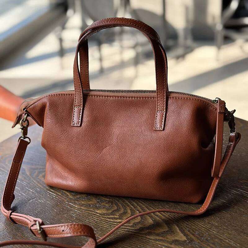 Genuine Quality Women's Top-Layer Cowhide Shoulder Crossbody Bag, Tree Paste Leather Wrinkled Handbag For Women