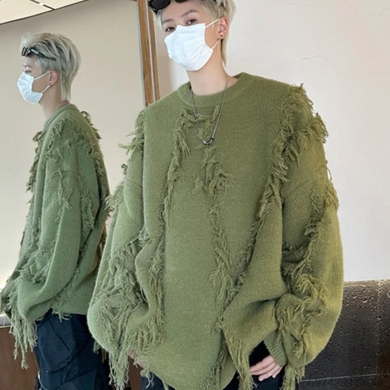 Ripped Tassel Sweater Men Women Streetwear Pullovers Mens Sweater Harajuku Fashion Hip Hop Fringed Knitted Round Neck Sweaters 250409