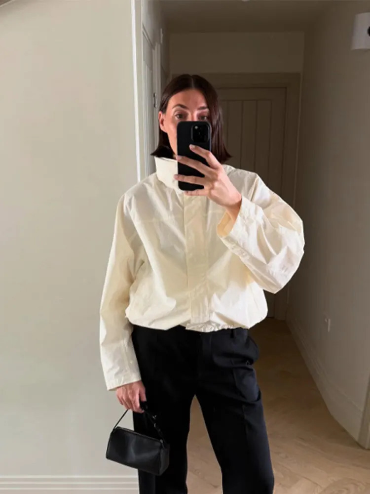 Womens Bomber Jacket Up Loose Fit Cropped Coat Stand Collar Elastic Hem Minimalist Casual Autumn Outerwear Fashion Outfit 251105