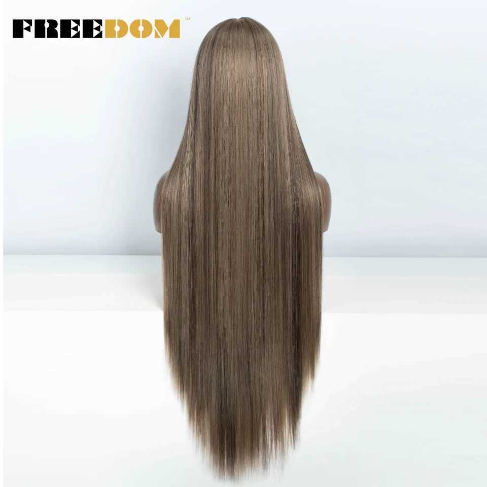 FREEDOM Straight Synthetic Lace Front Wig For Women 38 Inch Long Ombre Brown Red Blonde Hightlight Lace Frontal Wigs Cosplay WigT251111