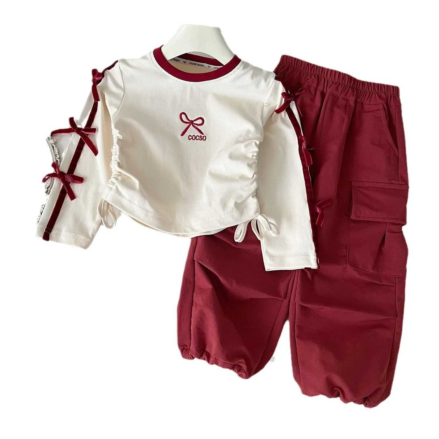 Autumn girls two-piece printed butterfly waist top+solid color cargo pants childrens clothing childrens clothing girls clothingXJ250410