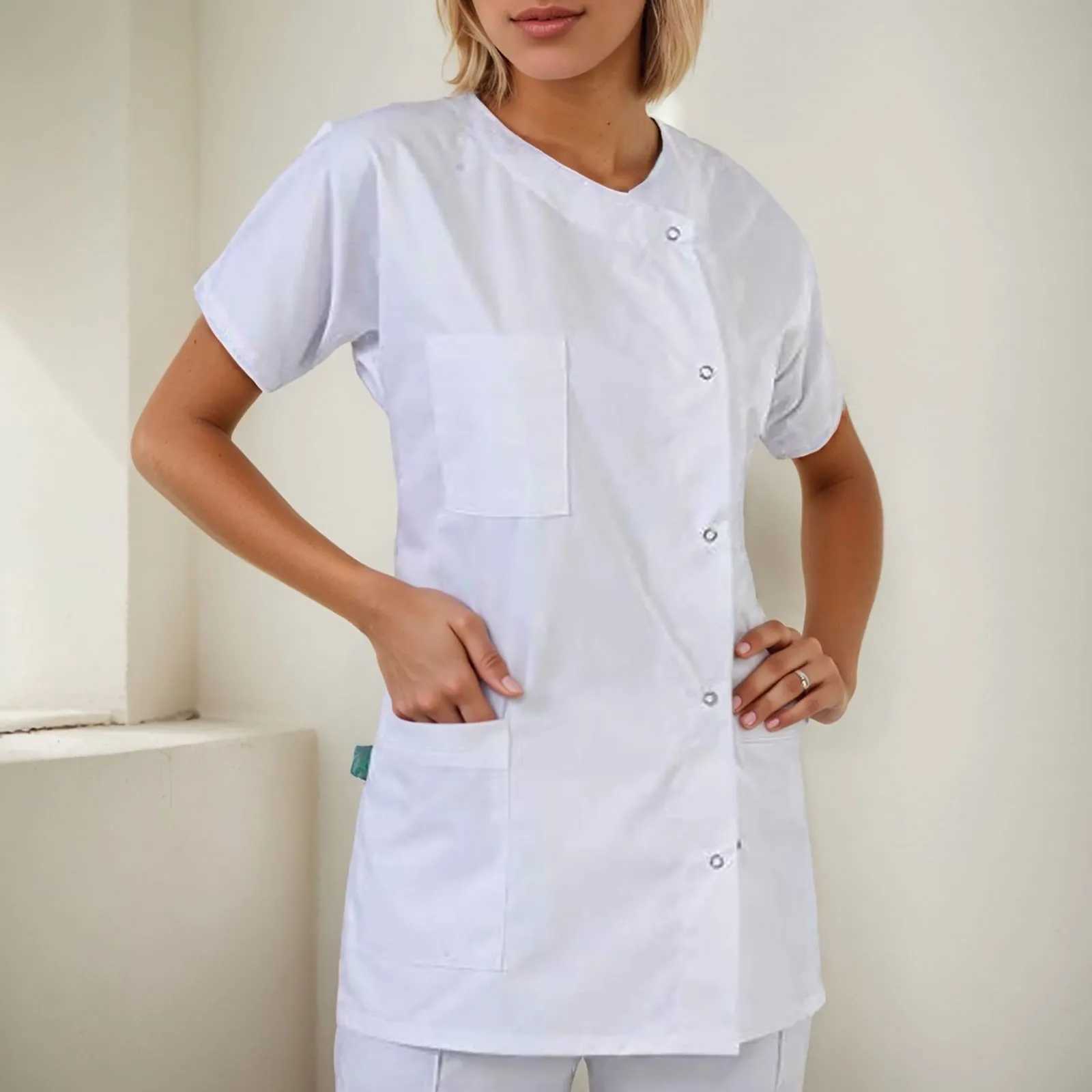 Womens white washer uniform pocket button short Slve washer top round neck nurse accessory Enfermeria X250410