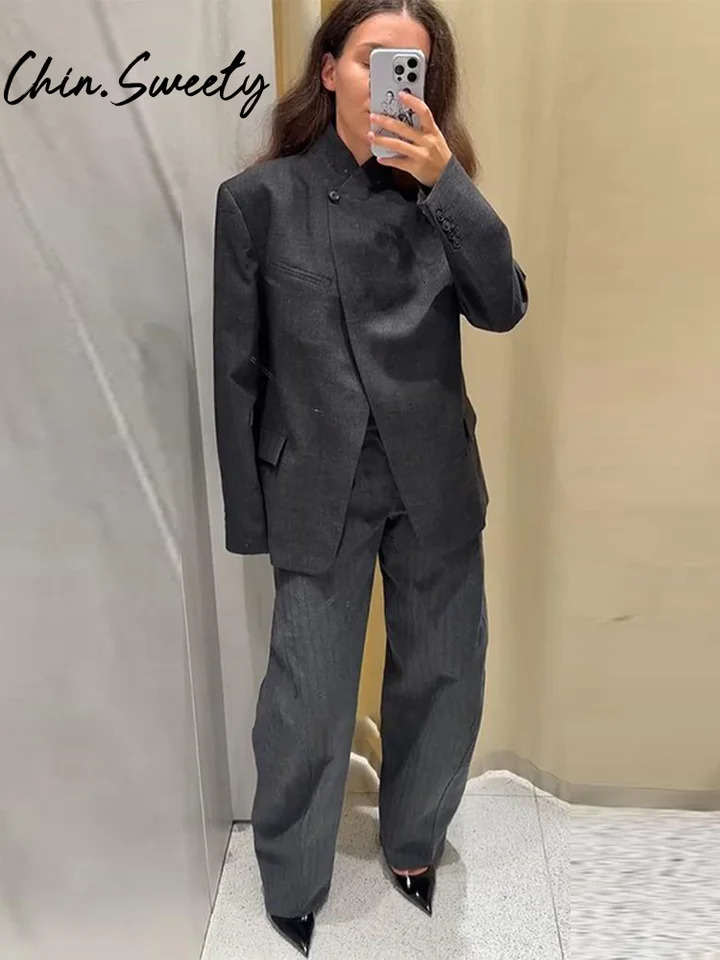 Loose Solid Coat Pants Women Set Long Sleeve Stand Collar Single Button Blazer Striped Trousers 2025 Autumn Winter Lady Outfit 251105