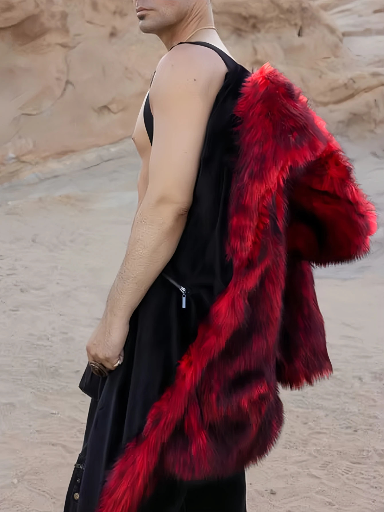 AutumnWinter Long Warm Fluffy Faux Fur Coat Red Mens Long Sleeve High Quality Fluffy Coat 251105