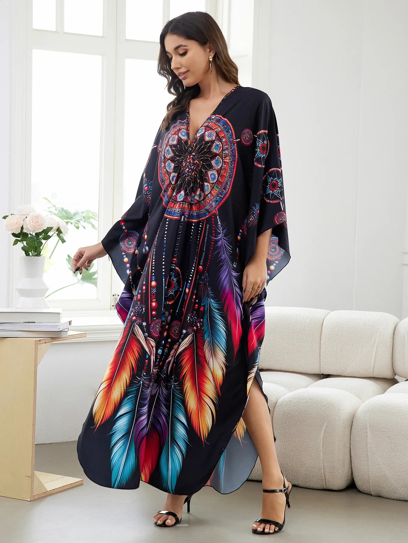 Womens beach dress printed Kaftans Maxi Robe summer holiday swimsuit direct delivery factory supply 250408