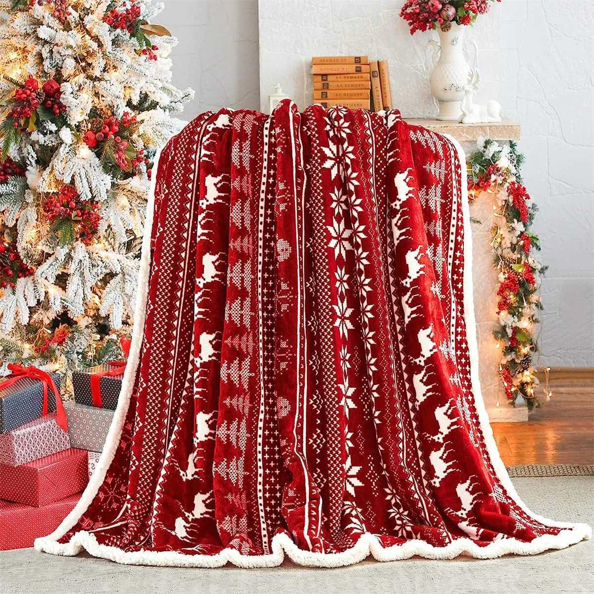 Double Layer Thickened Blanket Elk Snowman Snowflake Print Quilt Wool Cashmere Nap Sofa Cover For Christmas Keep Warm C251111