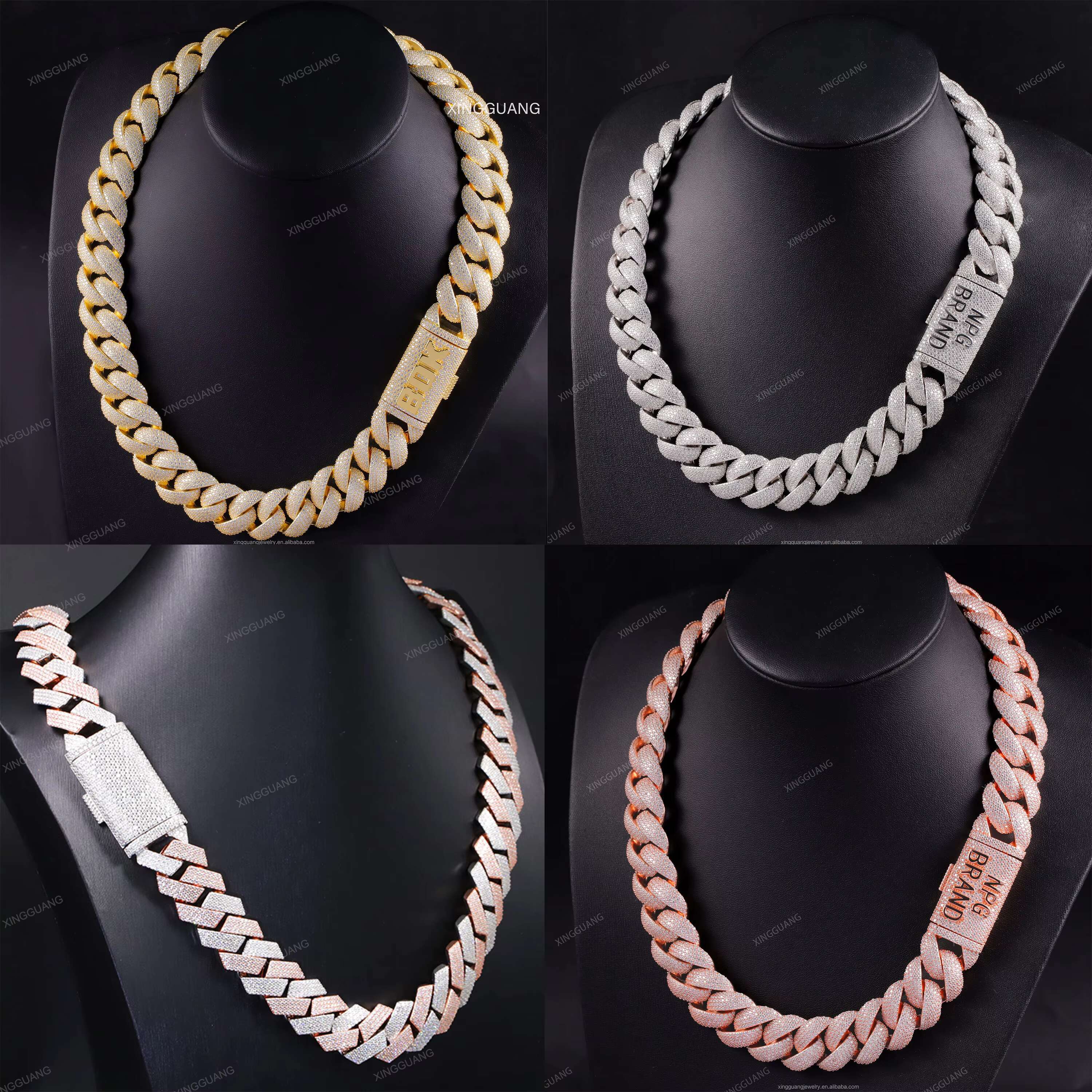 Custom Men Cuban Chain Full Emerald Cut VVS Moissanite White Gold S925 Silver Cuban Link Chain Necklace Hip Hop Jewelry