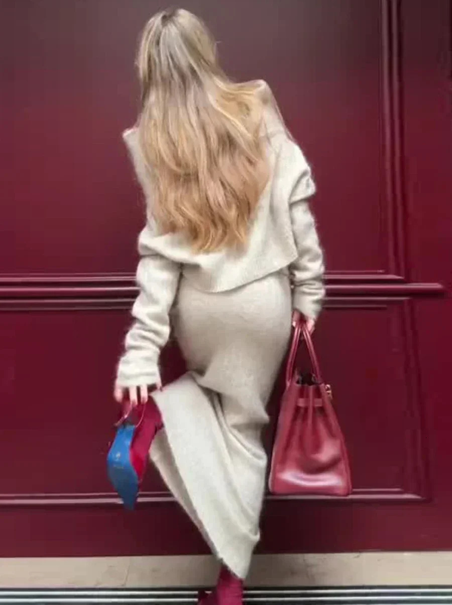 Wolfeel Autumn Womens Single Shoulder Sweater Knitted Skirt 2-Piecen Set Office Lady Thicken Warm Sweater Tight Skirt Set 251105