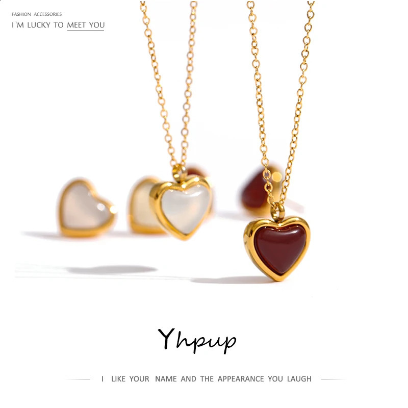 Yhpup Stainless Steel Heart Pendant Necklace Chain Jewelry Temperature Natural Stone Agate Necklace Womens Necklace 250409