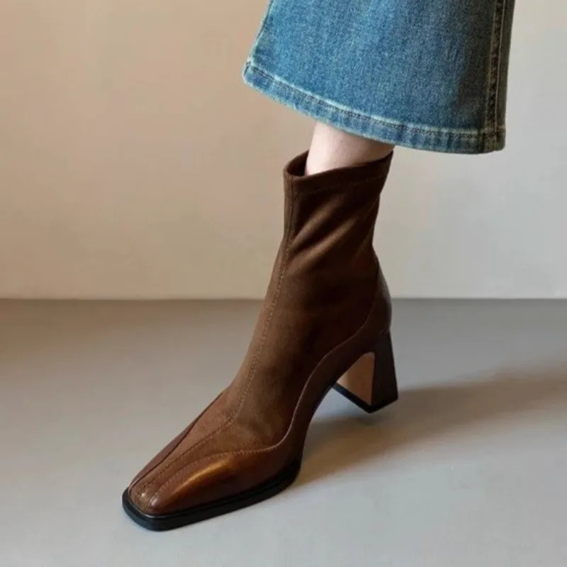 Womens Winter Thick Heel Cotton Boots Square Head Splicing Suede Back Zipper Anti-slip Wear-resistant Short Boots 251110