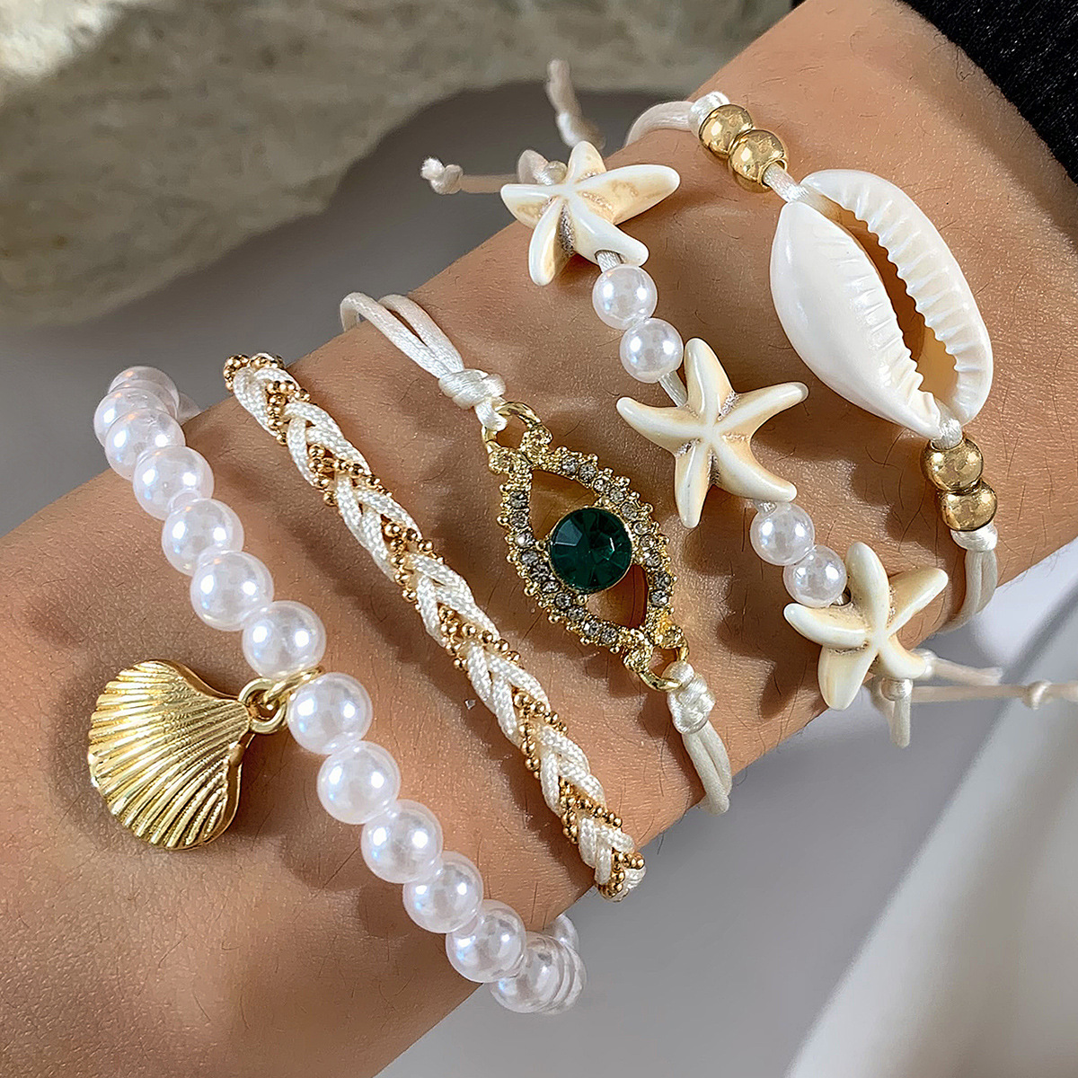 Seashell Jewelry Necklace Anklet Bracelet Bohemian Resort Style Beaded Woven Bracelet, Starfish Seed Bead 7-Piece Set Wholesale