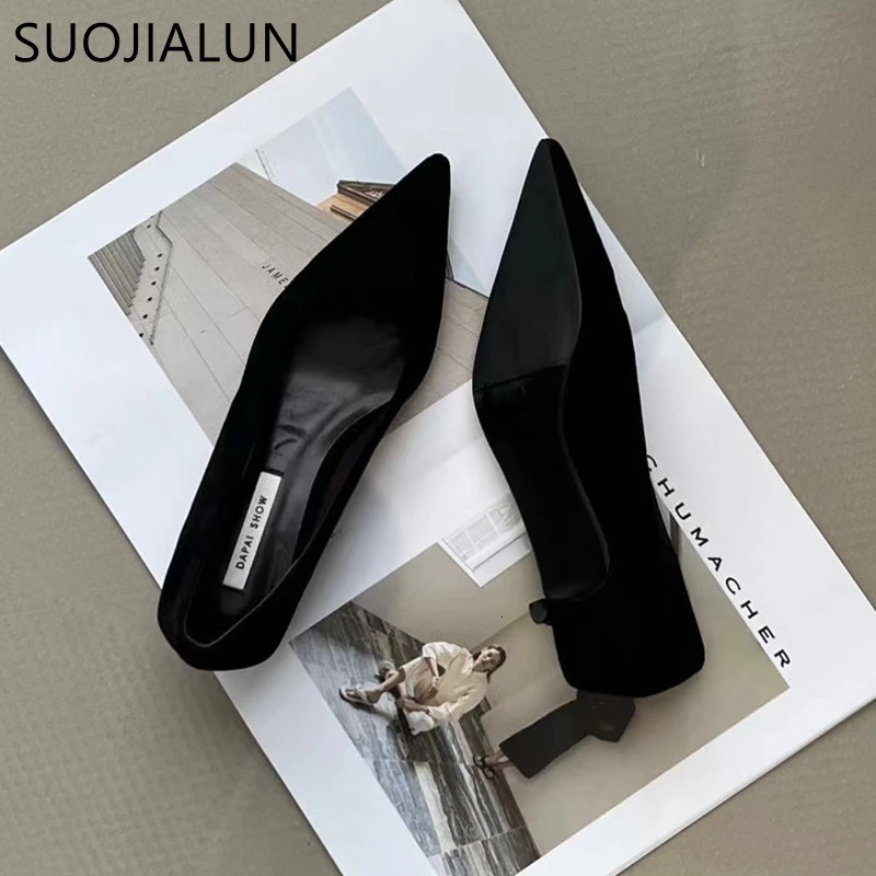SUOJIALUN Autumn Women Pumps Shoes Fashion Pointed Toe Shallow Slip On Ladies Elegant Dress Pumps Thin Low Boat Shoes 251110