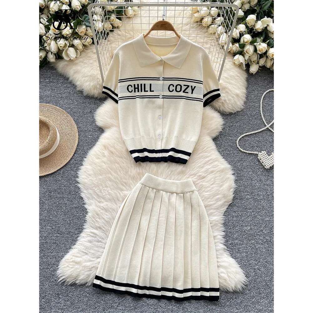 SINGREINY Preppy Style Trendy Suits Single Breasted Letter Design Pullover+High Waist Pleated Skirt 2025 Summer Women Knit Sets