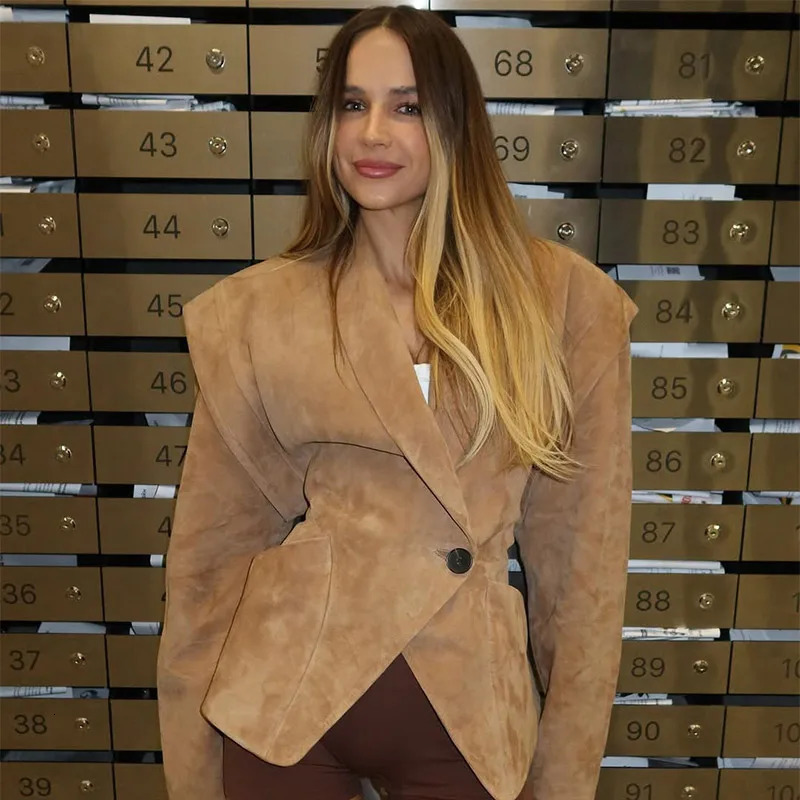 Fashion Dark Color Suede Fabric Stand Up Collar Jacket Women Causal Waist Cinched Broad Shoulder Coat Autumn High Street Outwear 251106