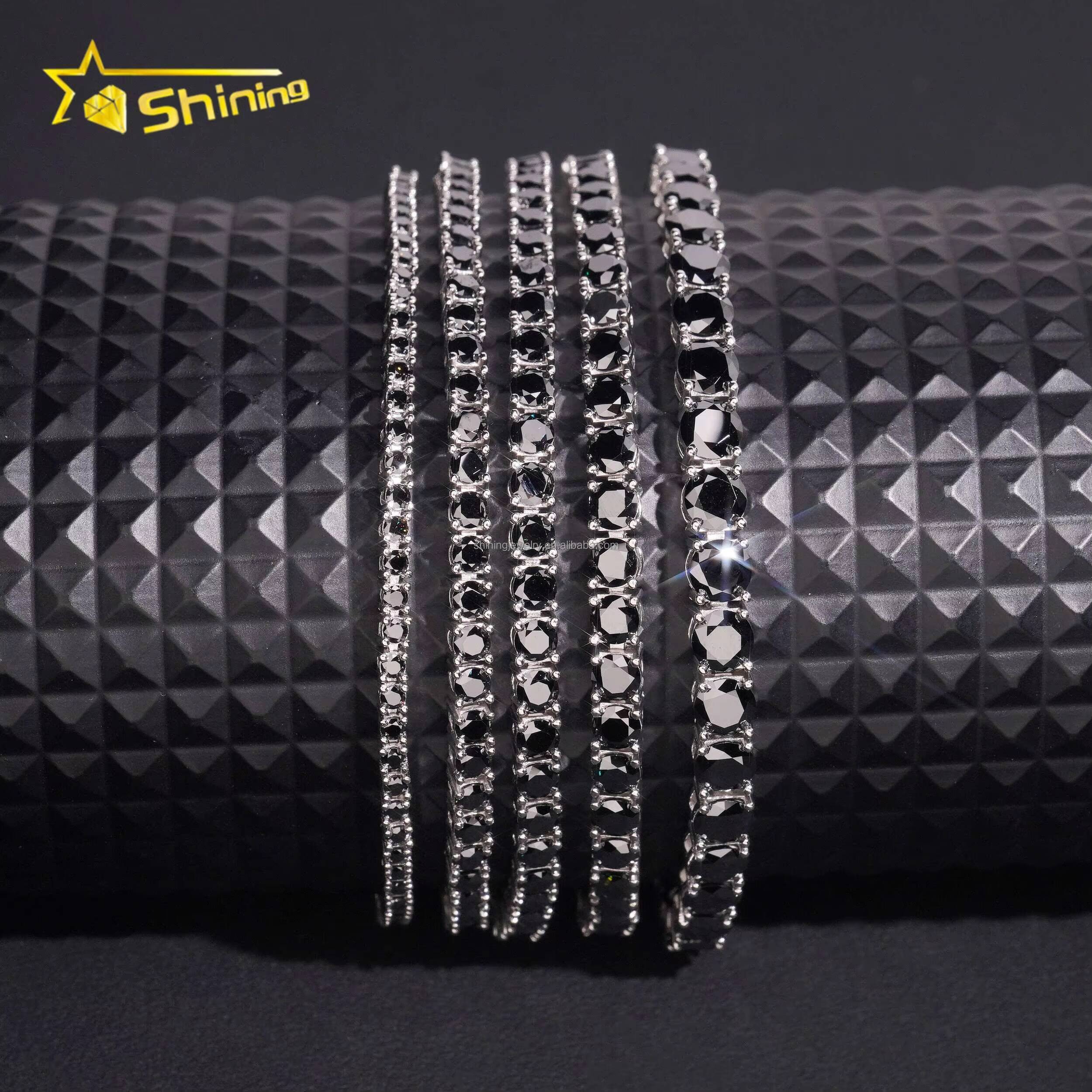 Bulk Stock 2mm 3mm 4mm 5mm 65mm Hip Hop Hot Selling Fire Jewelry Black Moissanite 925 Sterling Silver Tennis Chain Bracelet
