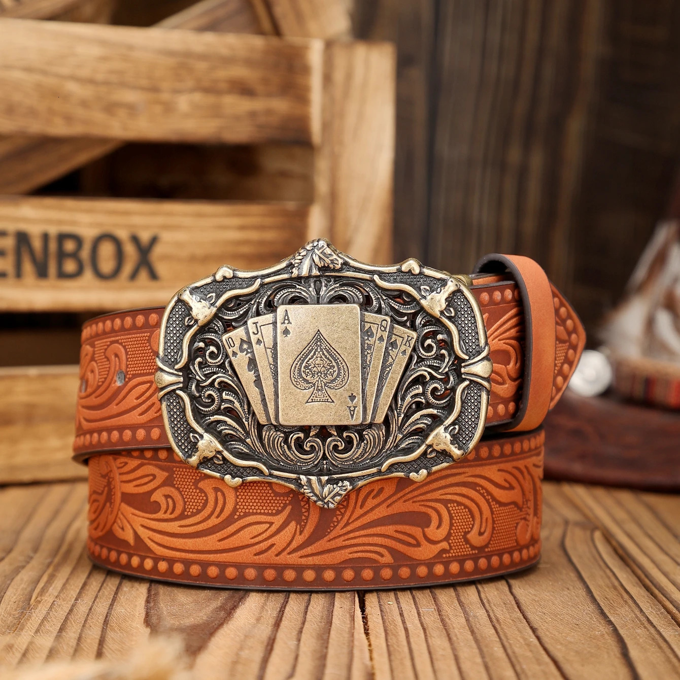 A Westernbuckle PU belt suitable for both men and women a unique retro brown with perforated nails included 251031