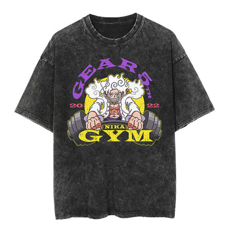 New Japanese classic One Piece Luffy anime oversize high street vintage washed wax printed short sleeved T-shirt