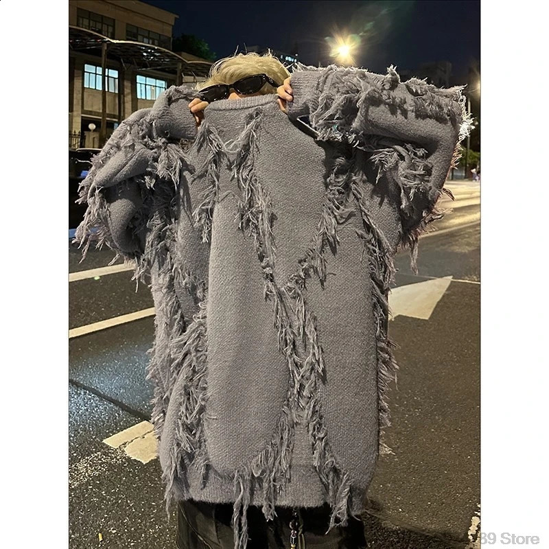 Ripped Tassel Sweater Men Women Streetwear Pullovers Mens Sweater Harajuku Fashion Hip Hop Fringed Knitted Round Neck Sweaters 250409