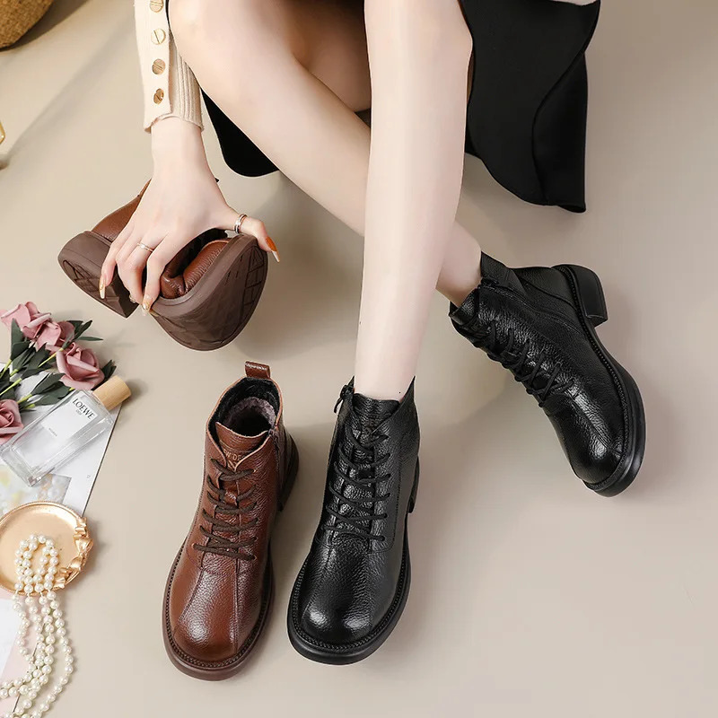 Xiuteng Autumn Cowhide Mid-Heel Soft-Soled Womens Short Boots Retro Casual Leather Boots Warm Womens Cotton Shoes 251110
