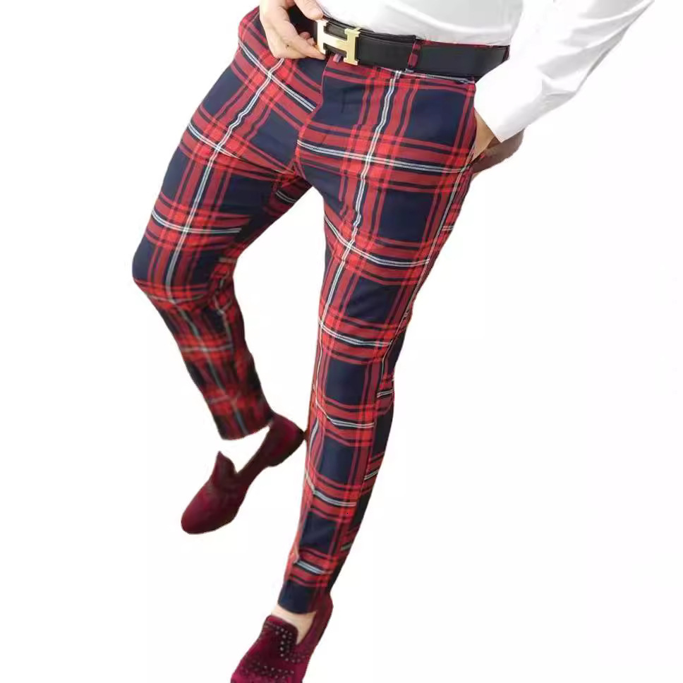 Mens casual plaid contrast pattern printed mid rise mens trousers with micro elastic pants