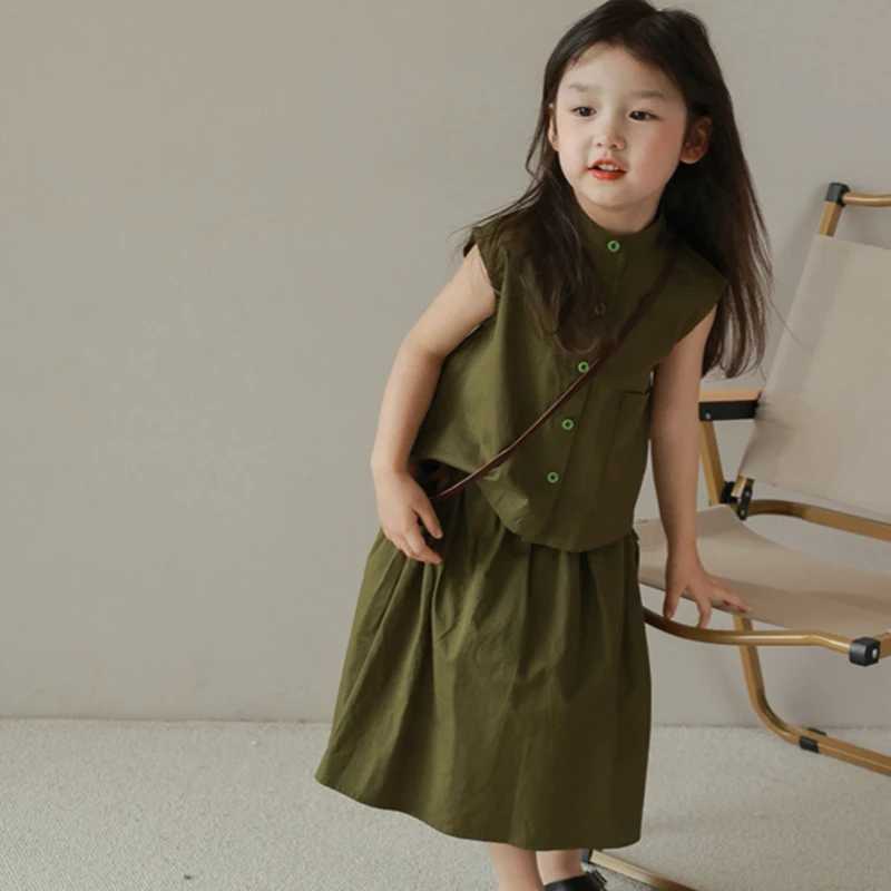 Summer childrens clothing set womens pure cotton Korean style sleeveless dress two-piece set fashionable casual breathable set 3-8YXJ250410
