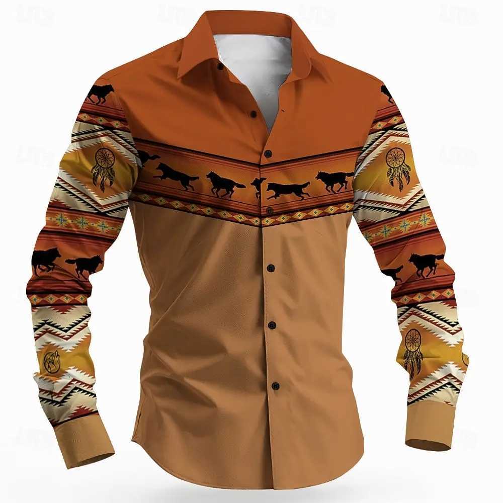 Vintage Mens Long Sleeve Shirt Aztec Bull Ethnic Shirt Button Up Shirt Streetwear Casual Comfort Polyester Slim Fit Shirts K251110