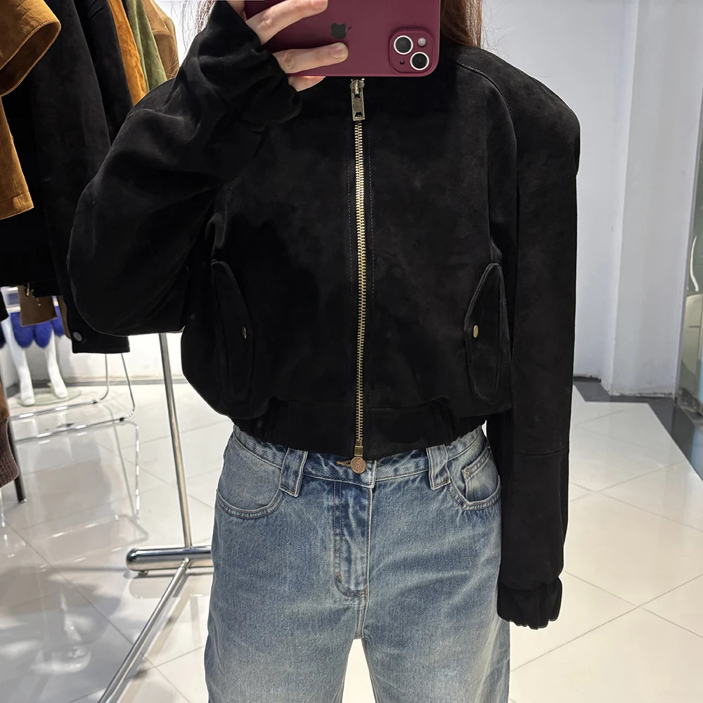 YOLOAgain Oversized Suede Leather Cropped Jacket Coat Women Drop-shoulder Dark Brown Genuine Leather Jacket Coat Autumn 251106