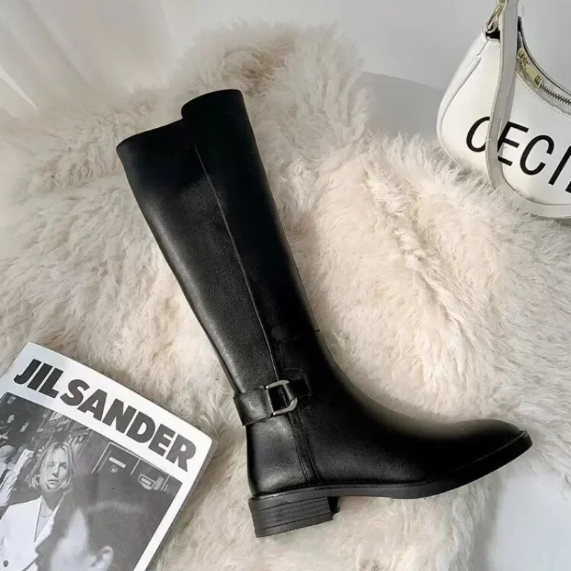 Female Winter Leather Long Boots Trend Spring Autumn Knee High Boot Women Comfortable Low Heels Black Shoes 251110