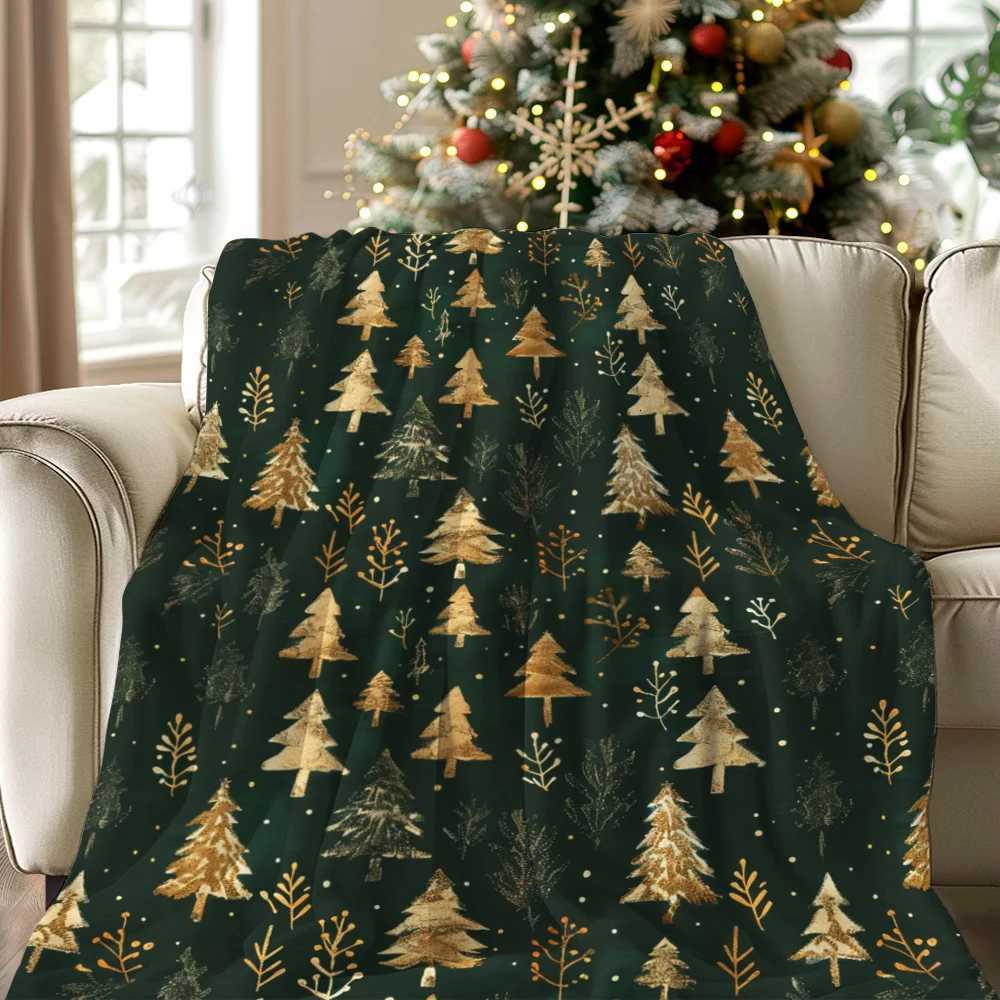 Christmas Elements 1pc Vintage golden texture cedar snowflakes Christmas tree Christmas print blanket soft and warm blanket C251111
