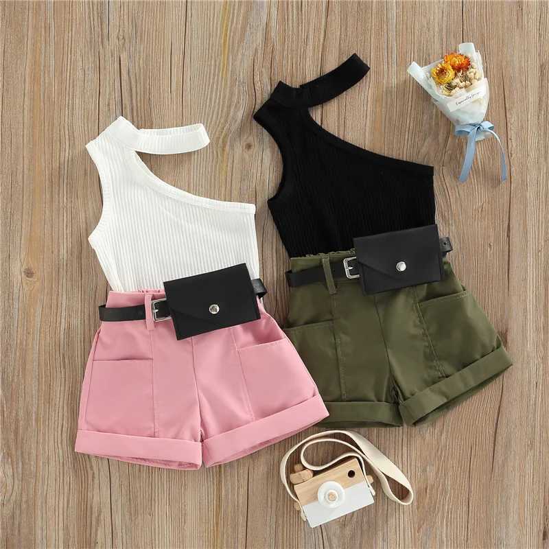1-5 year baby girl casual suit tank top+shorts+waist bag pocket decoration casual sled girl summer clothing setXJ250410